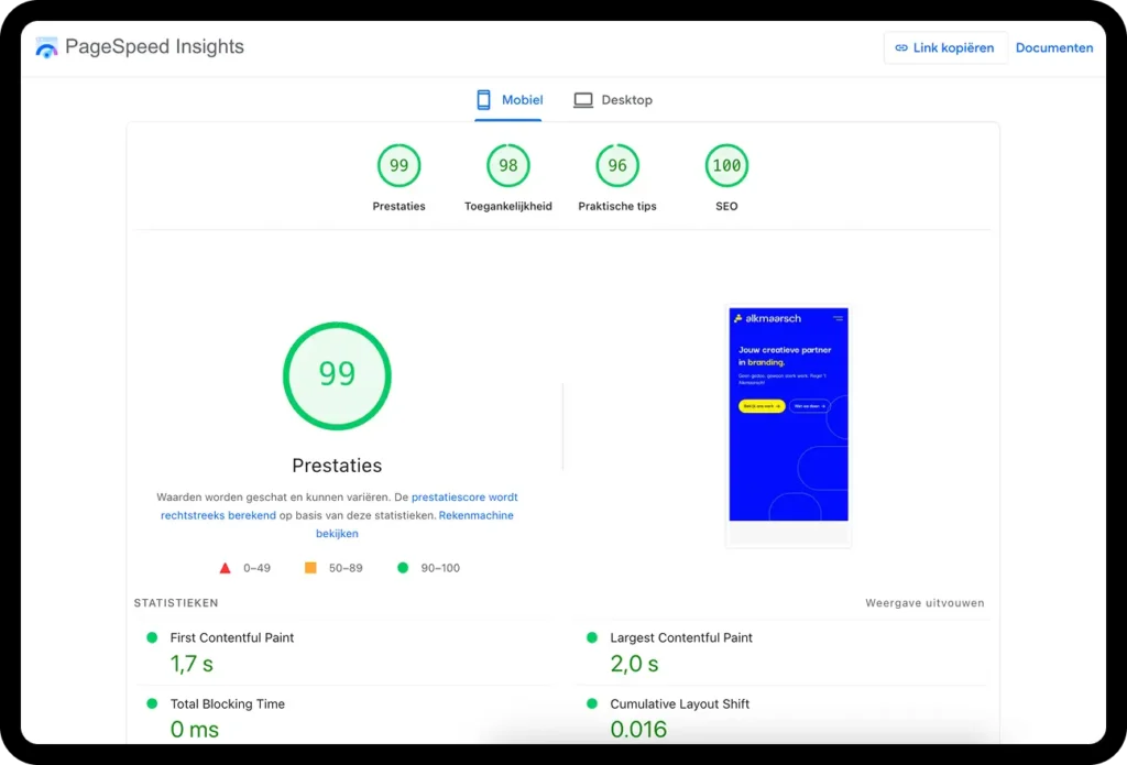 Een prestatieoverzicht door middel van het gebruik van PageSpeed Insights van Google. In dit voorbeeld scoort de website van Alkmaarsch gemiddeld 99/100